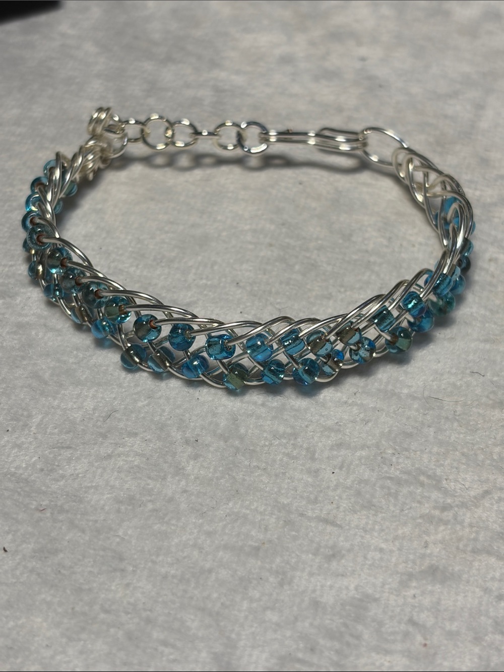 Handwoven Silver Bracelet with Turquoise Blue Beads